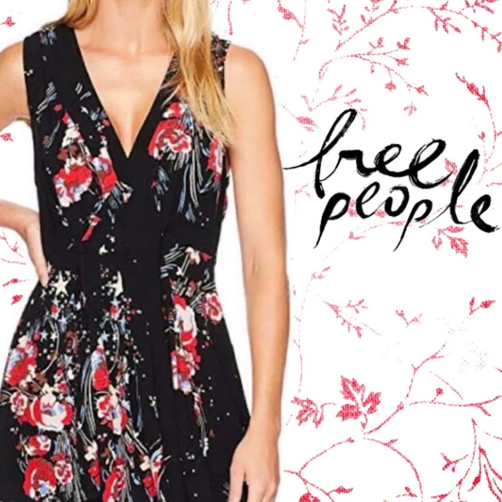 Free People Sleeveless Kimono Style Wrap Blouse black with red floral pattern